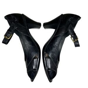 Clarks Black Leather Mary Jane Peep Toe Heels Buckle Strap Size 8M 89375